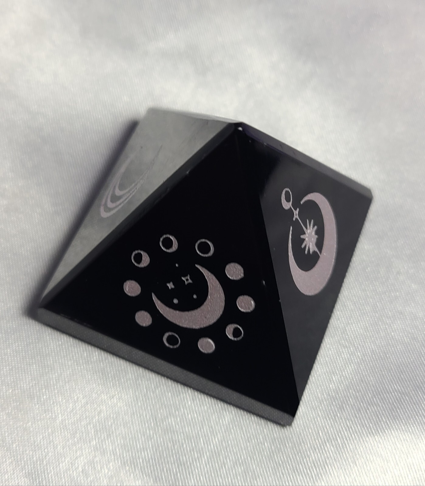 1.7″ Black Obsidian Sphere Crystal Pyramid Silver Engraved Moon & Stars Wiccan