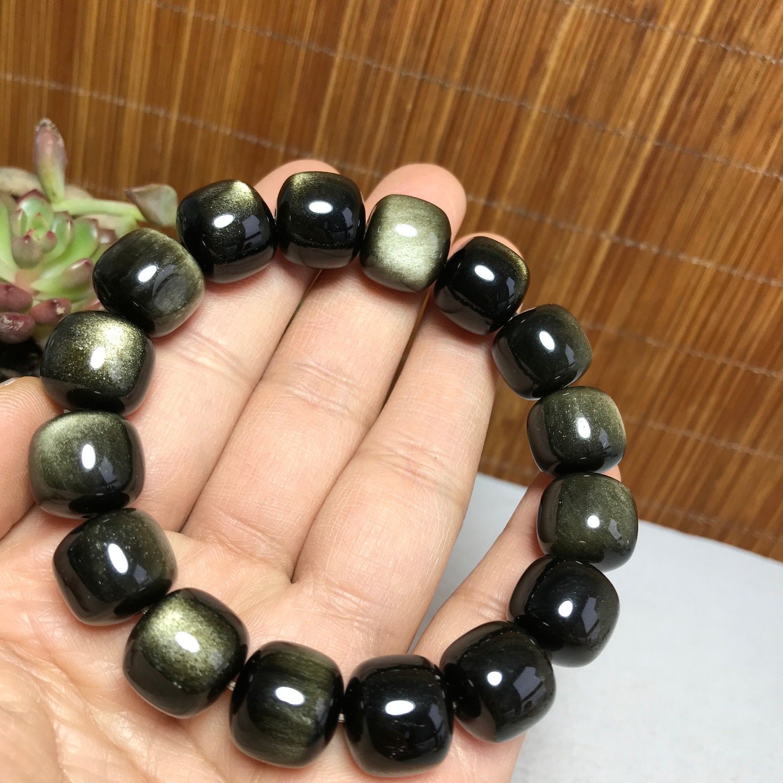 14-12mm Natural Polished Obsidian bracelets Crystal Bucket bead Specimen A4066