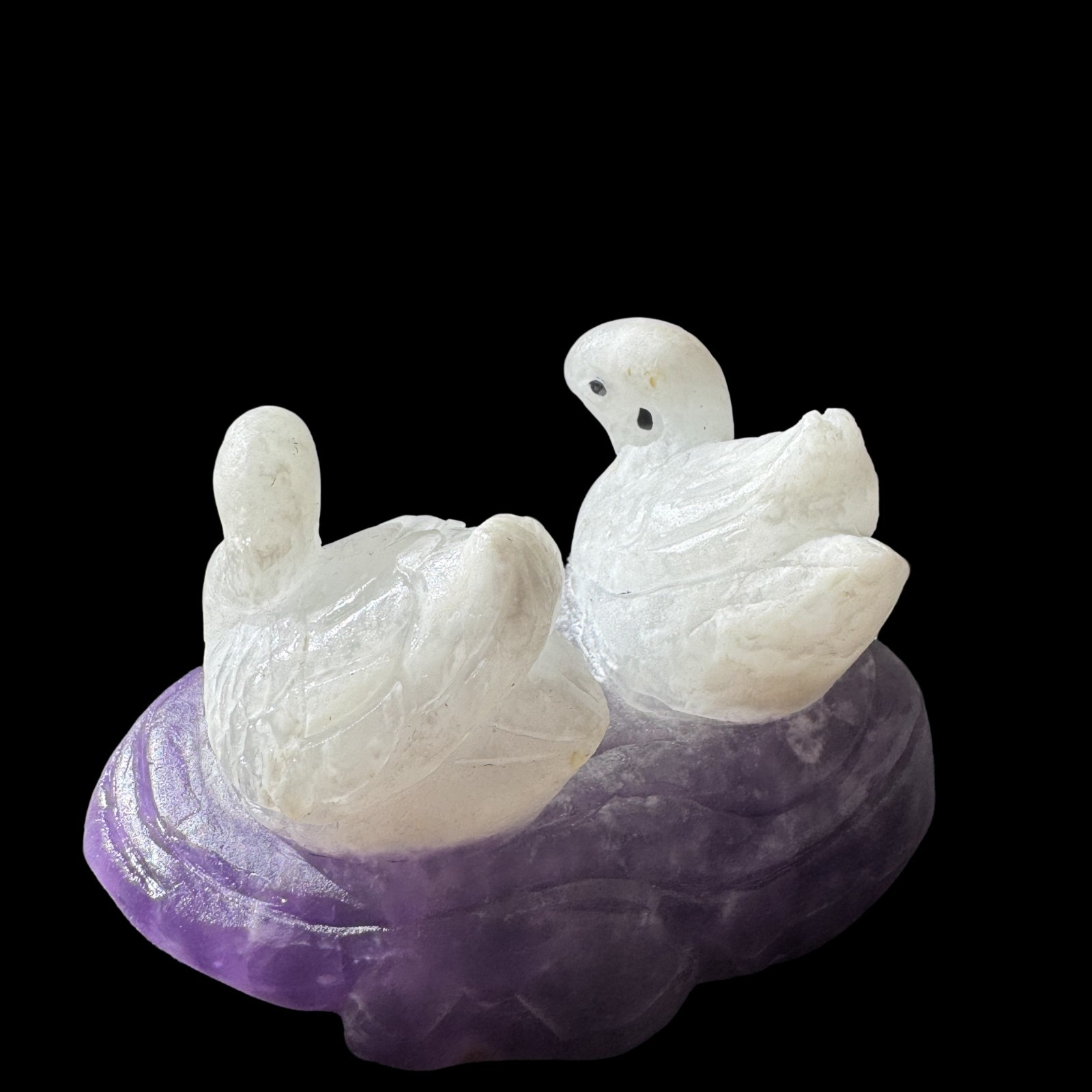 441gTwin Swan Amethyst Sculpture: Soulmate Talisman Carved from Peaceful Stone