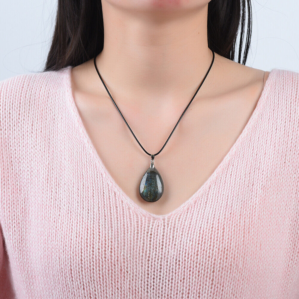 Natural Labradorite Oval Water Drop Necklace Crystal Pendant Stone Reiki Healing