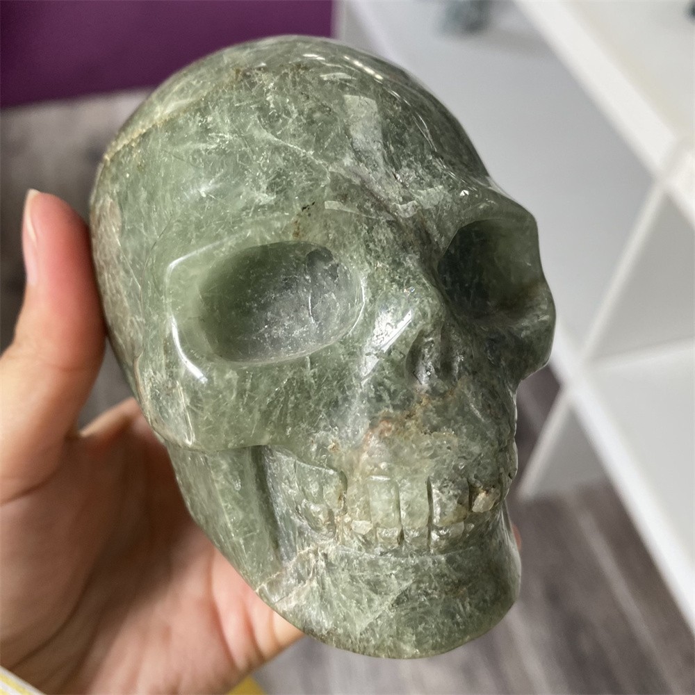1.7LB 4″Natural A+Green Rutiled Quartz Skull Statue Crystal Reiki Carving Decor