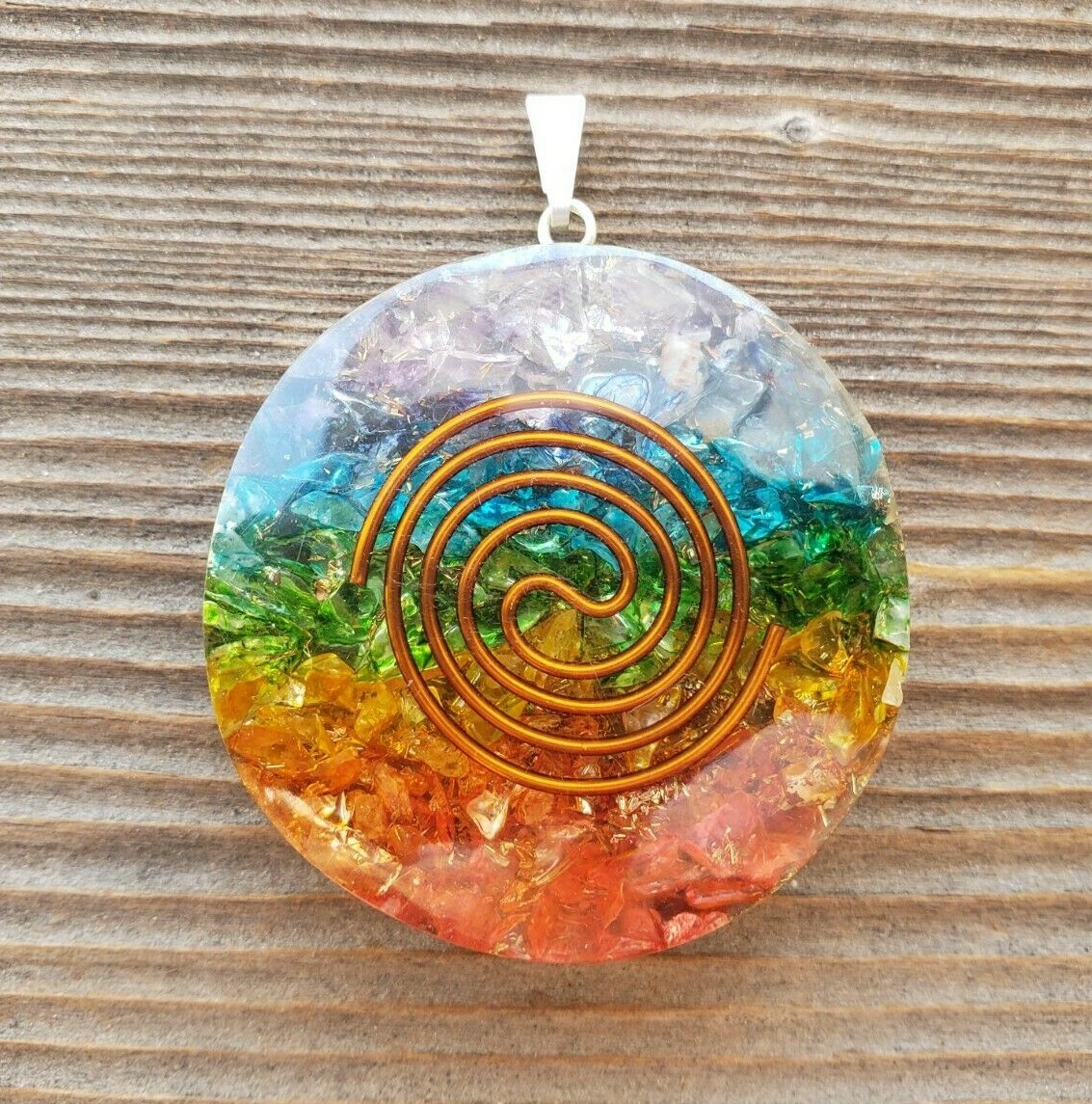 ORGONE 7 CHAKRA LAYERED ROUND (TYPE 2) GEMSTONE ROUND PENDANT ORGONITE (ONE)