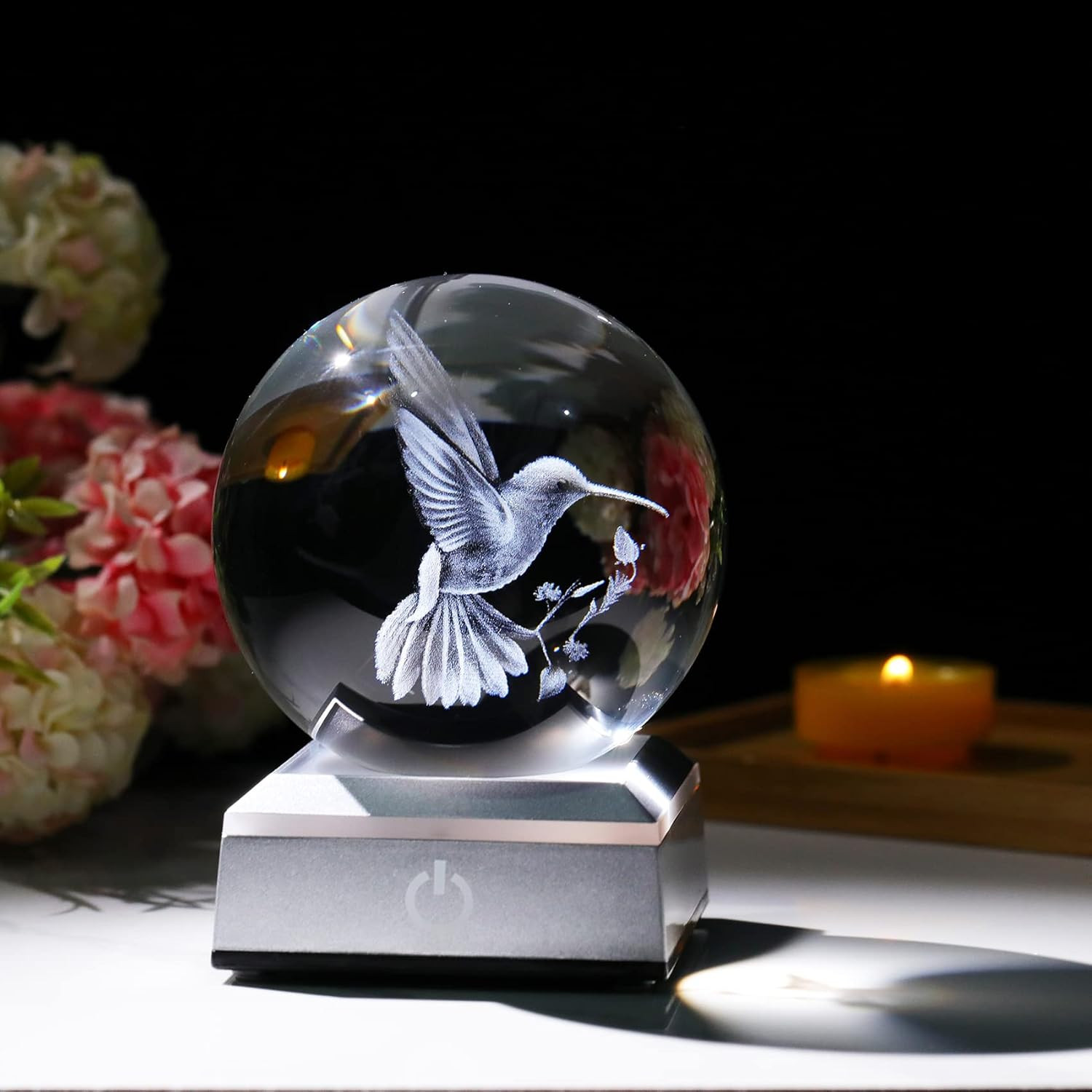 Crystal Ball 3D Engraved Hummingbird with LED Colorful Base, 3.15″ Glass Sphere