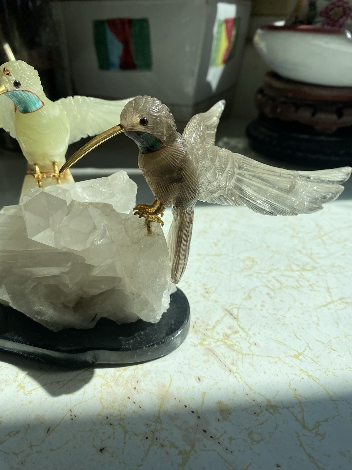 Peter Muller Hand Carved Smokey Quartz, Marble, Quartz Hummingbirds On Quartz