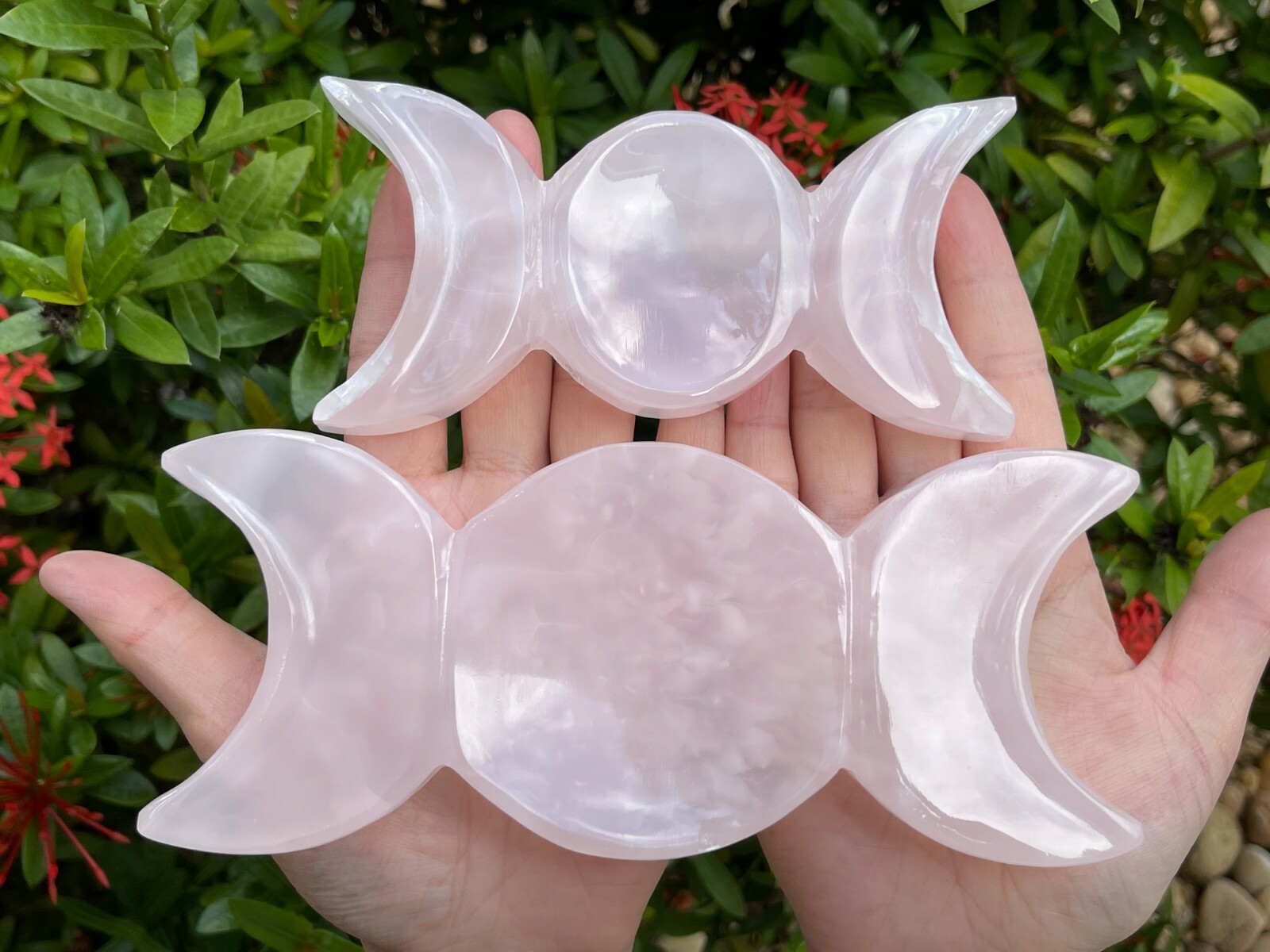 Triple Moon Pink Calcite Bowl, 5″ & 7″ Long Calcite Pink Triple Moon Carved