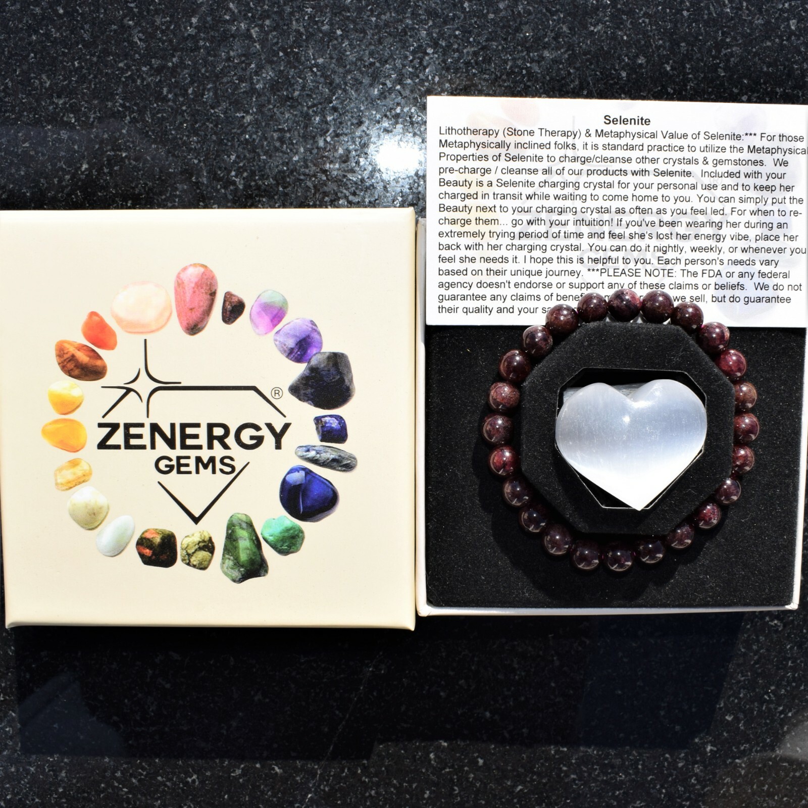 Premium CHARGED Rhodolite Garnet Crystal 7-8mm Bead Bracelet + Selenite Heart