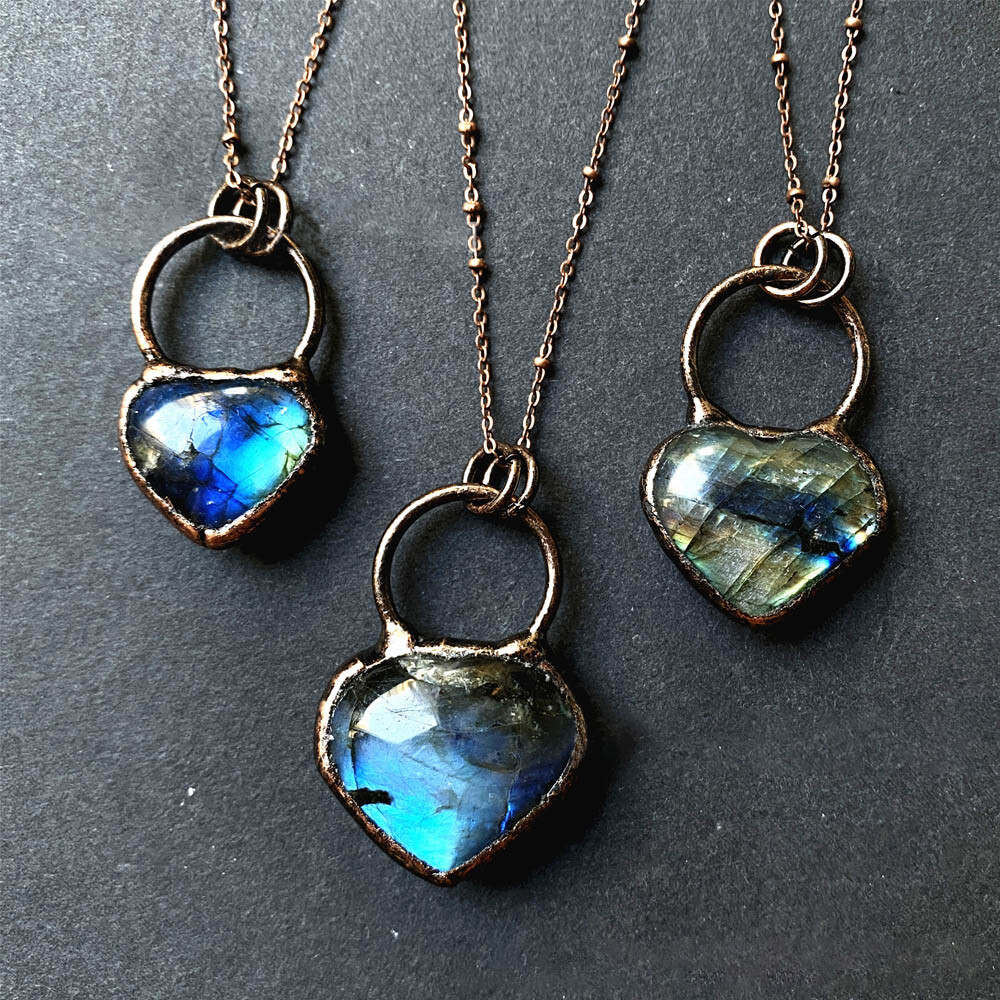 Natural Labradorite Crystal Heart Pendant Quartz Point Healing Gem Necklace 1PC
