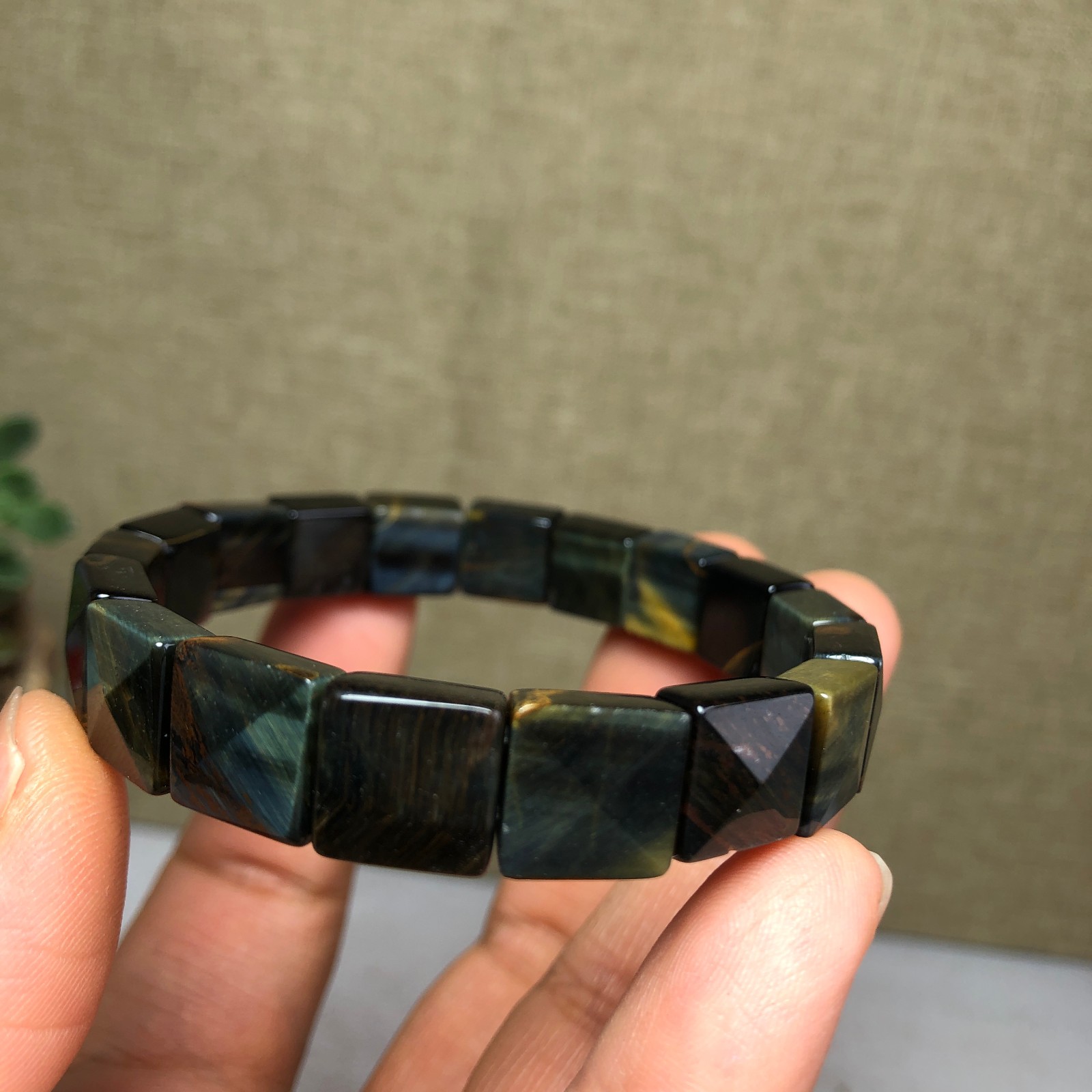 Rare Natural yellow blue tiger eye Crystal chain aspect beads bracelet 26g A4757