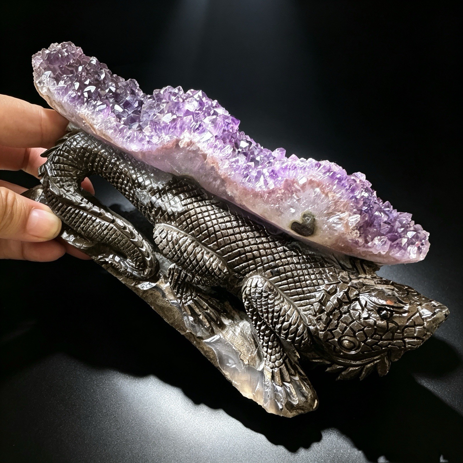 Hand Carved Amethyst Cluster Lizard Figurine Natural Crystal Reptile Sculpture 7