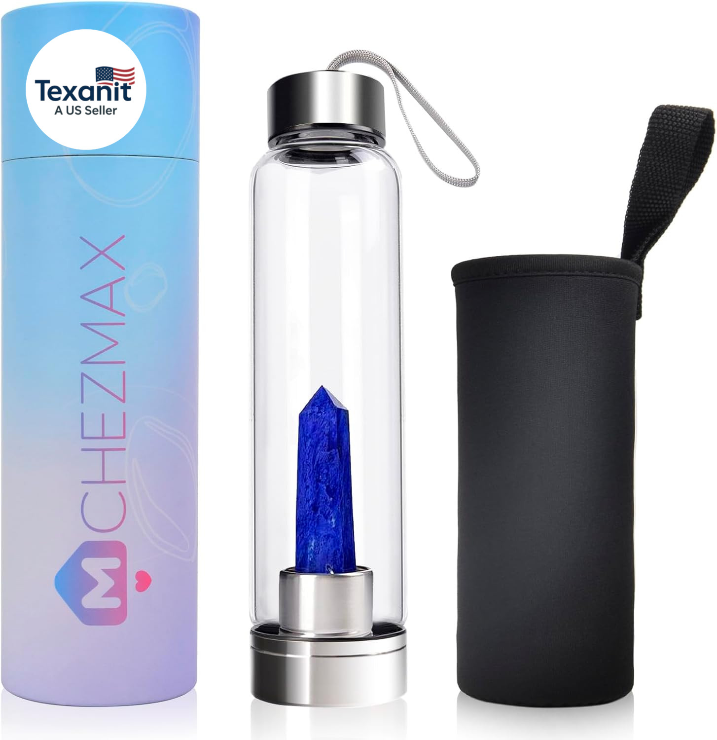Crystal Glass Water Bottle, Glass Water Bottle with Changeable Natural Crystal C