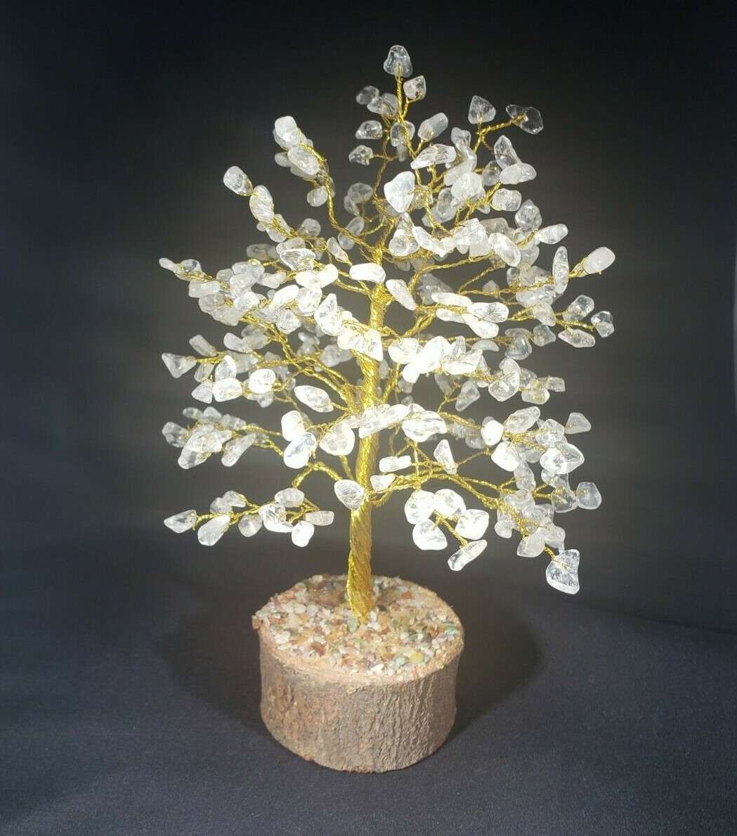 GOLD WIRE CLEAR QUARTZ STEP STYLE GEMSTONE CHIP TREE WITH 300 STONES