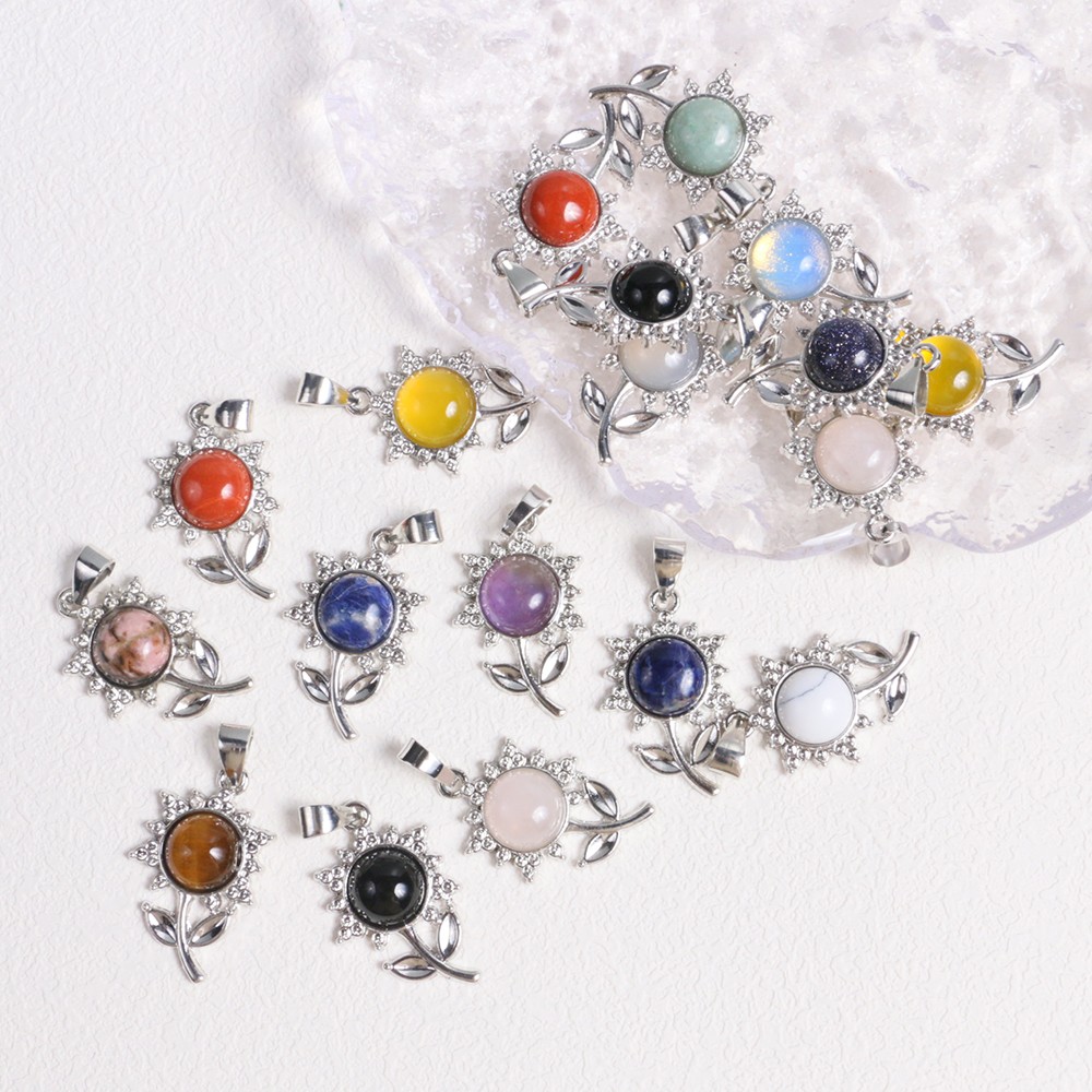 Natural Crystal Flowers Pendant Quartz Chakra Stone Round Bead Necklace Healing