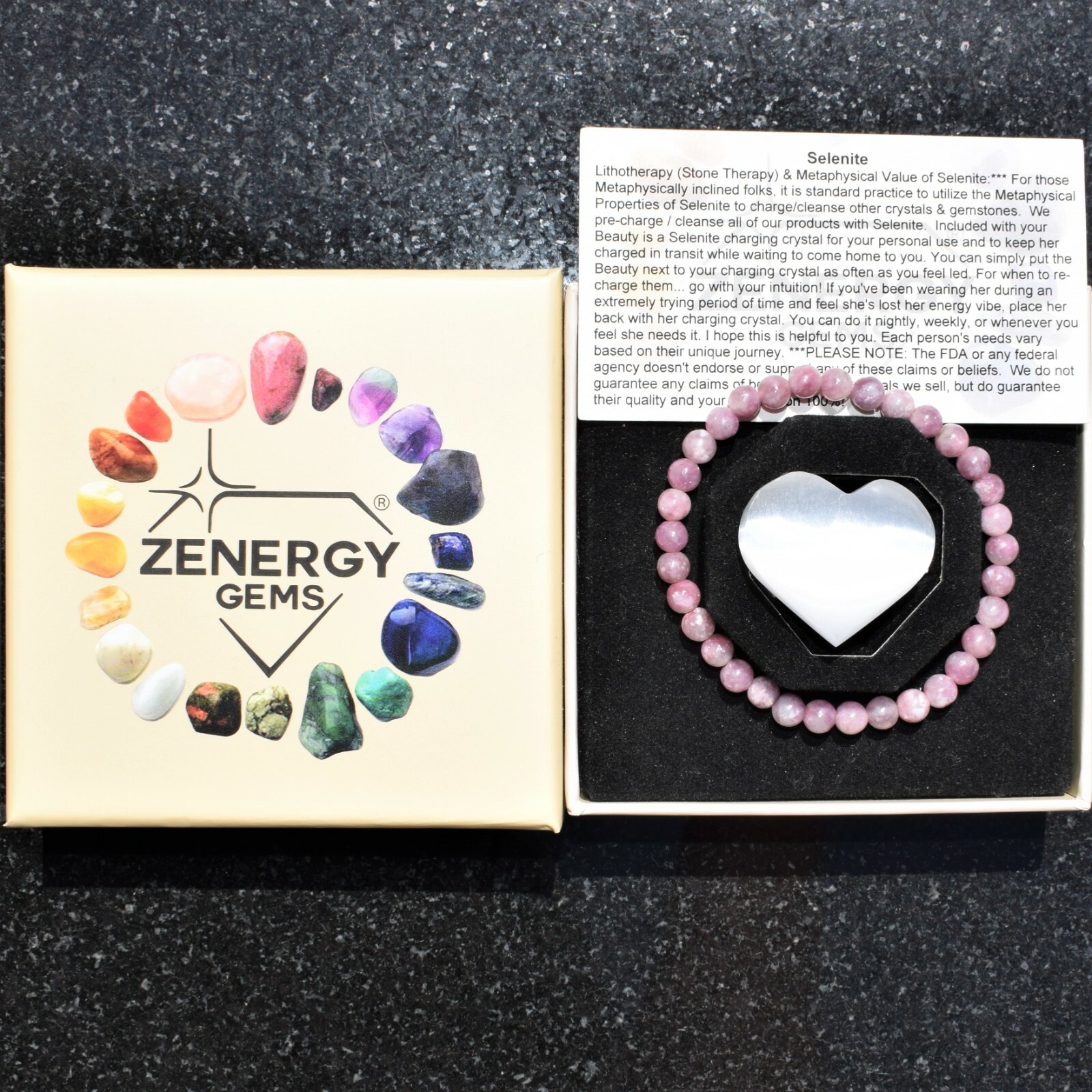 Premium CHARGED Lepidolite Crystal 4mm Bead Stretchy Bracelet + Selenite Heart