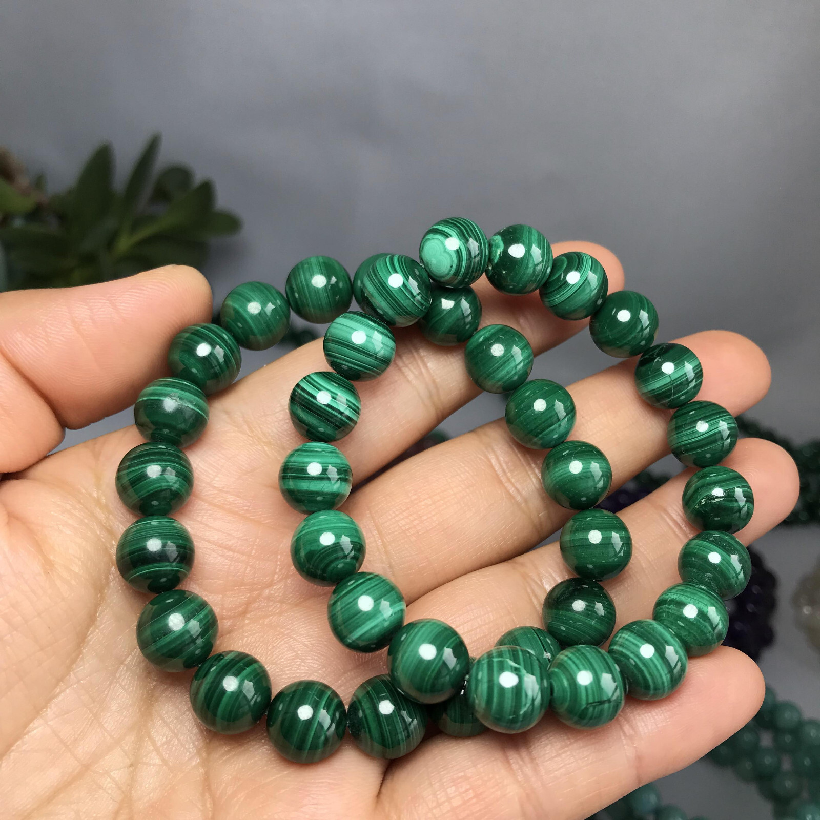 10mm Natural malachite gemstone Crystal chain beads bracelet 39-40g A5262