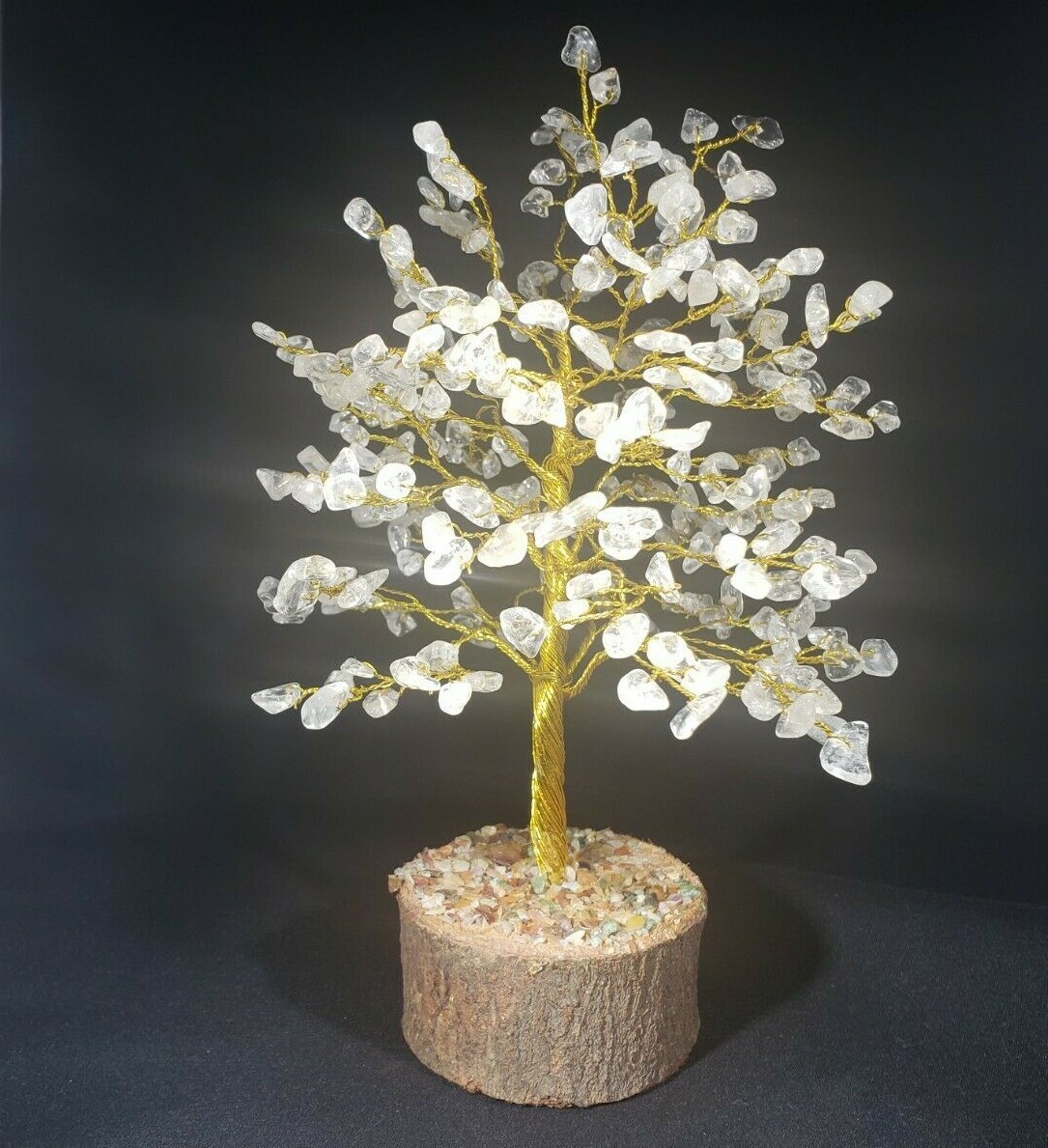 GOLD WIRE CLEAR QUARTZ STEP STYLE GEMSTONE CHIP TREE WITH 300 STONES