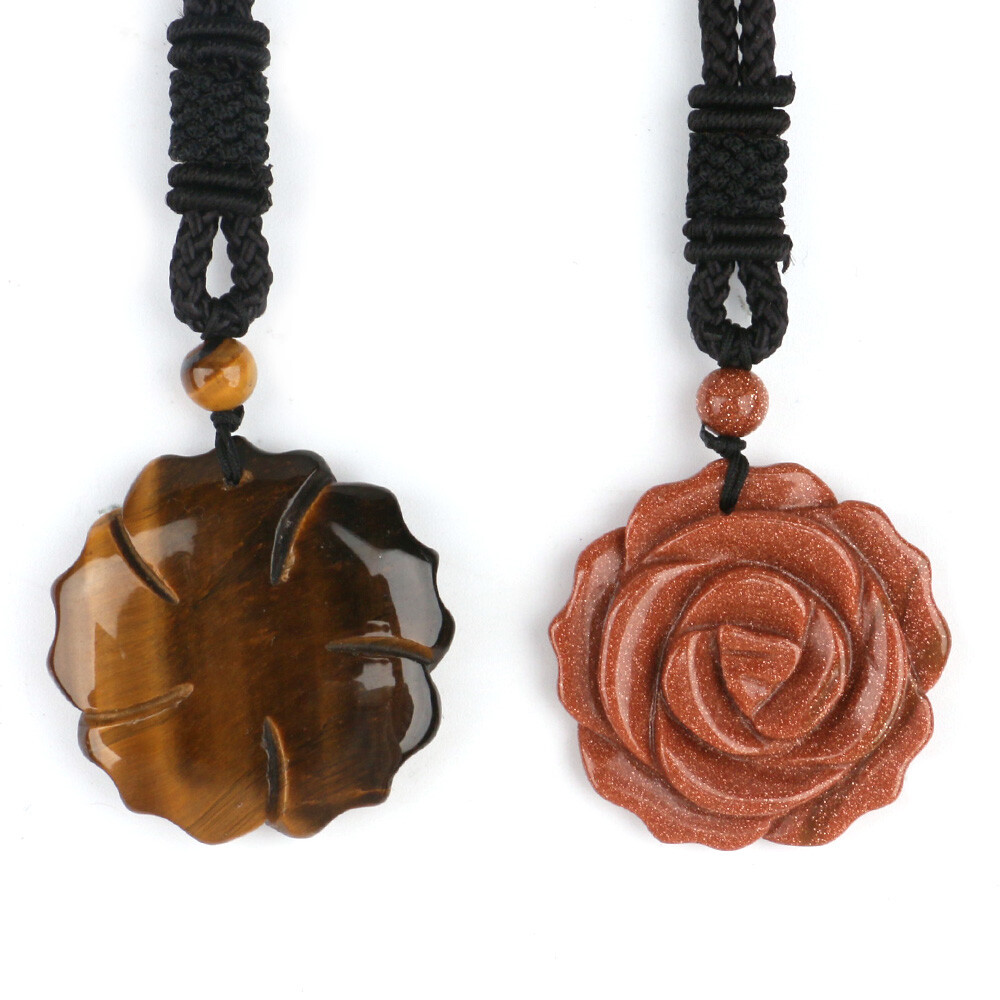 Natural 35mm Crystal Carved Rose Flower Necklace Gemstone Reiki Pendant Charm