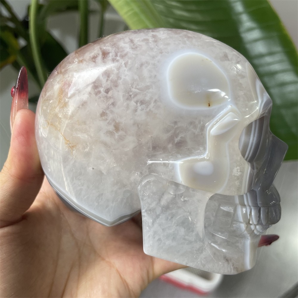 2.3LB 4.3″Amethyst Ash Agate Skull Crystal Quartz Carving Reiki Decoration