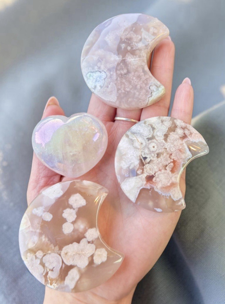 Pink Flower Agate Crescent Moon Set Aura Rose Quartz Heart Crystal Bundle 4pc