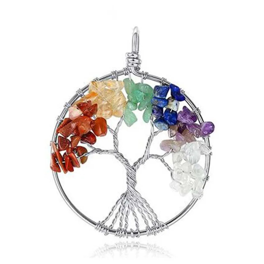 KFT Natural Tree of Life Stone Pendant Amethysts Crystal Reiki Wire Wrapped roun