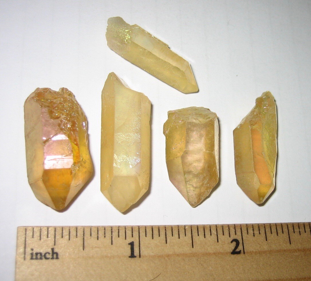 5 BEAUTIFUL SMALL 1″-1.3″ SUNSHINE AURA TREATED QUARTZ CRYSTAL POINTS ~ 27.2g *1