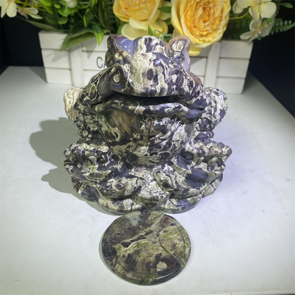 5.6LB 5.9″Natural A+Geode Money Agate Golden Toad Crystal Reiki Carving Decor
