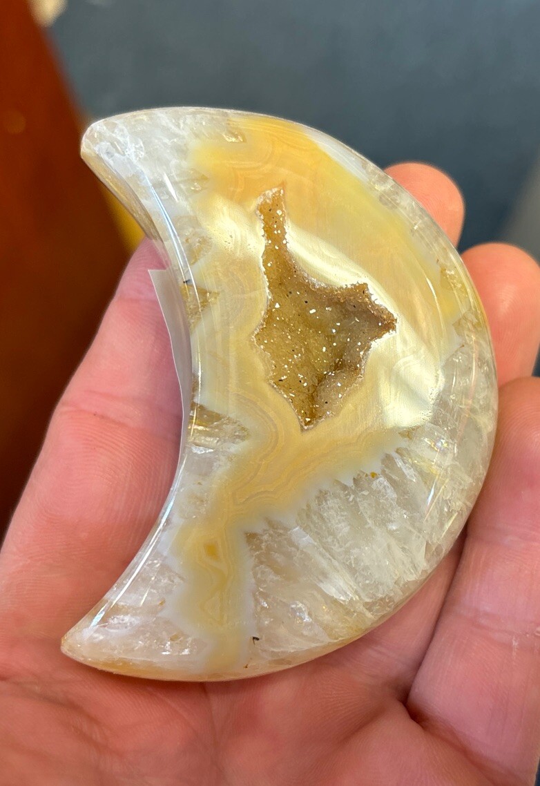 Druse agate moon with acrylic stand 3 1/4”