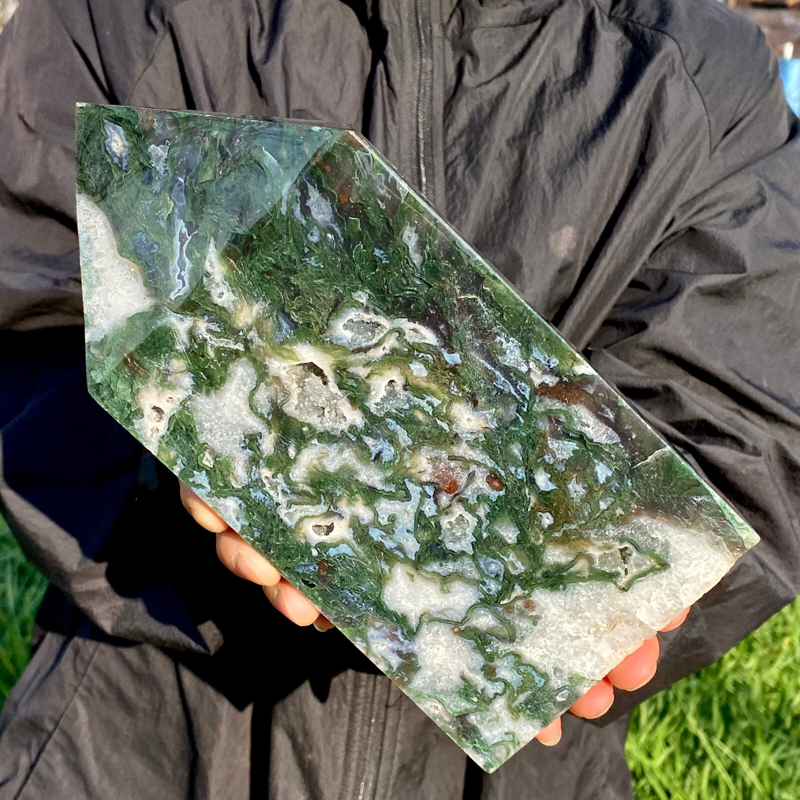 3.5LB Large Natural green druzy moss agate quartz obelisk crystal aura healing