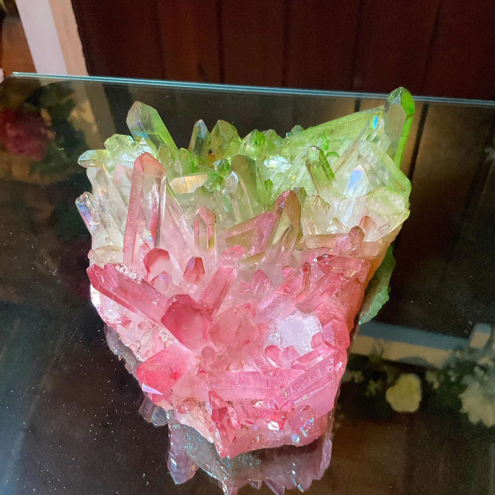 Pink & Green Aura Quartz Crystal Cluster ~ Large 1 Lb. 5 oz. ~ 6″ Long ~ Electr