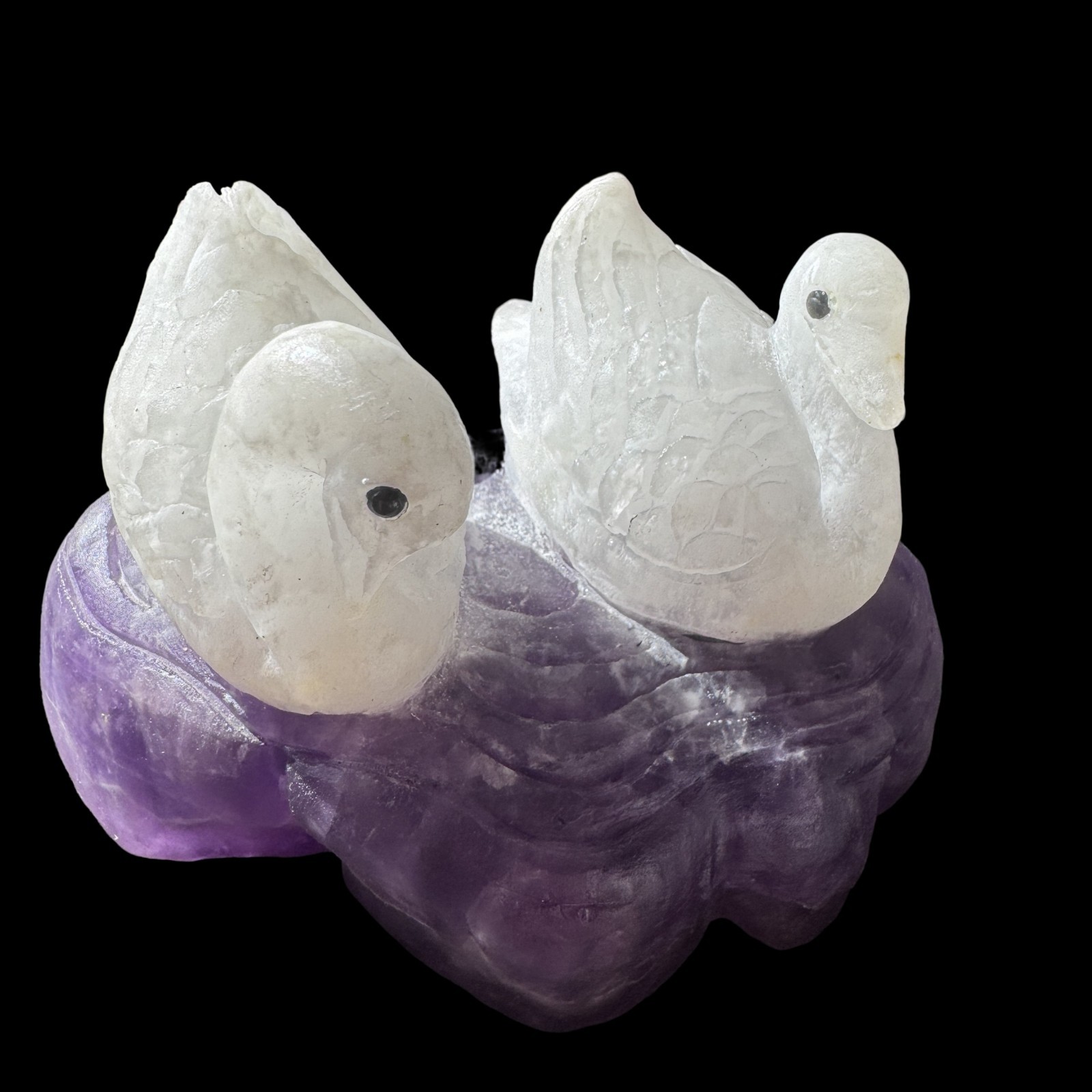441gTwin Swan Amethyst Sculpture: Soulmate Talisman Carved from Peaceful Stone