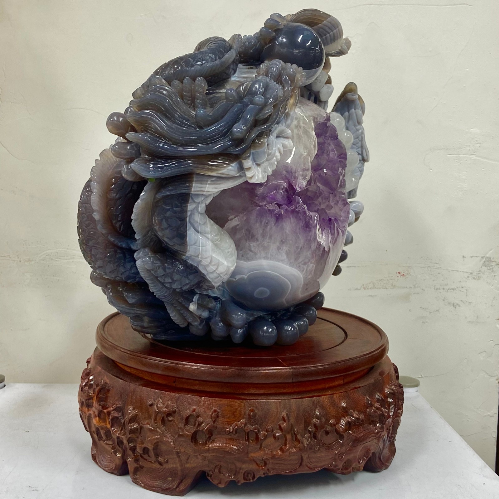 18.14LB Rare Natural Uruguay Amethyst Geode Quartz Crystal agate Carved Dragon