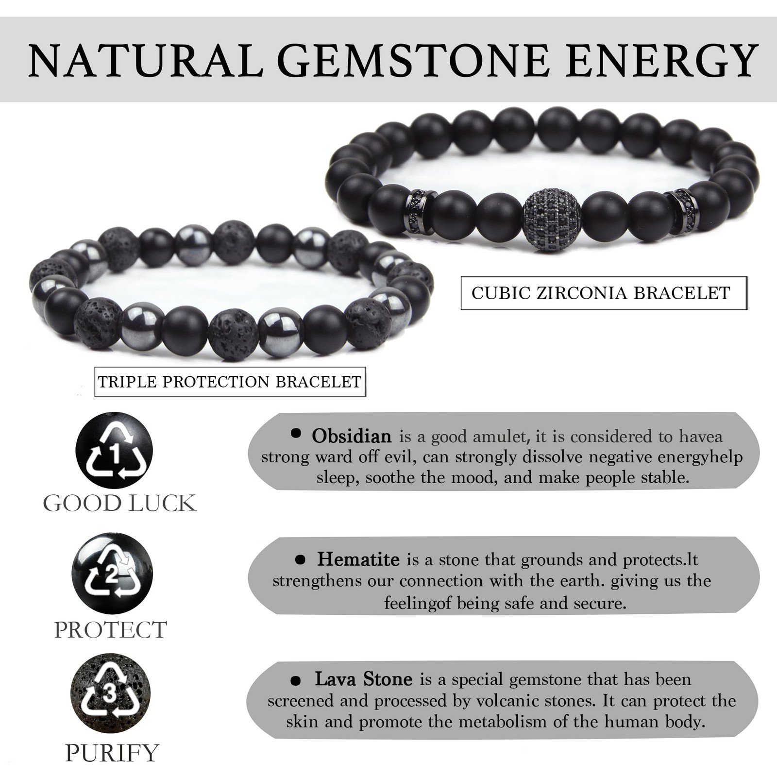 Black Obsidian Bracelet for Men – Black Tourmaline Beaded Bracelets – Mens Brace