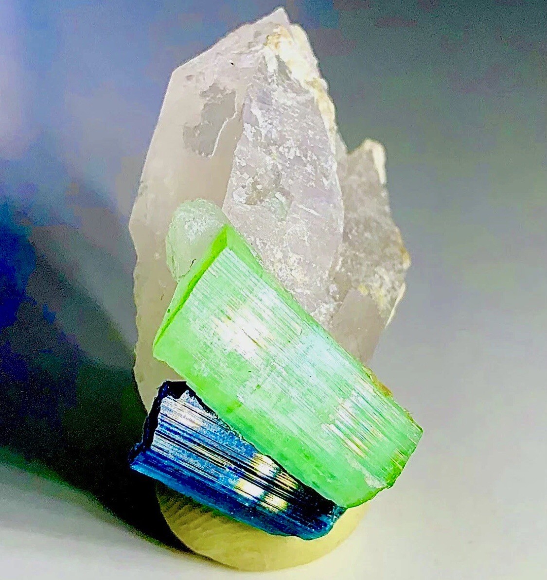 Neon Blue Green Tourmaline On Quartz Crystal Raw Rough Specimen Cluster Matrix
