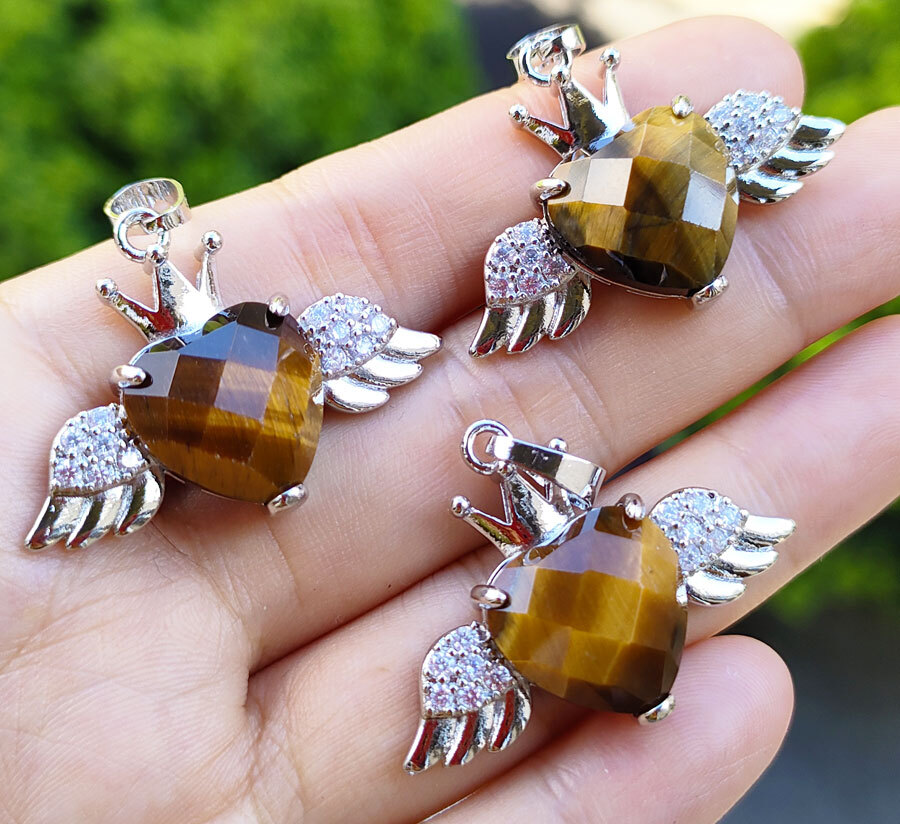 10pcs Tiger eye Pendants Faceted Gems Angel Wings Heart Love Luck Amulet