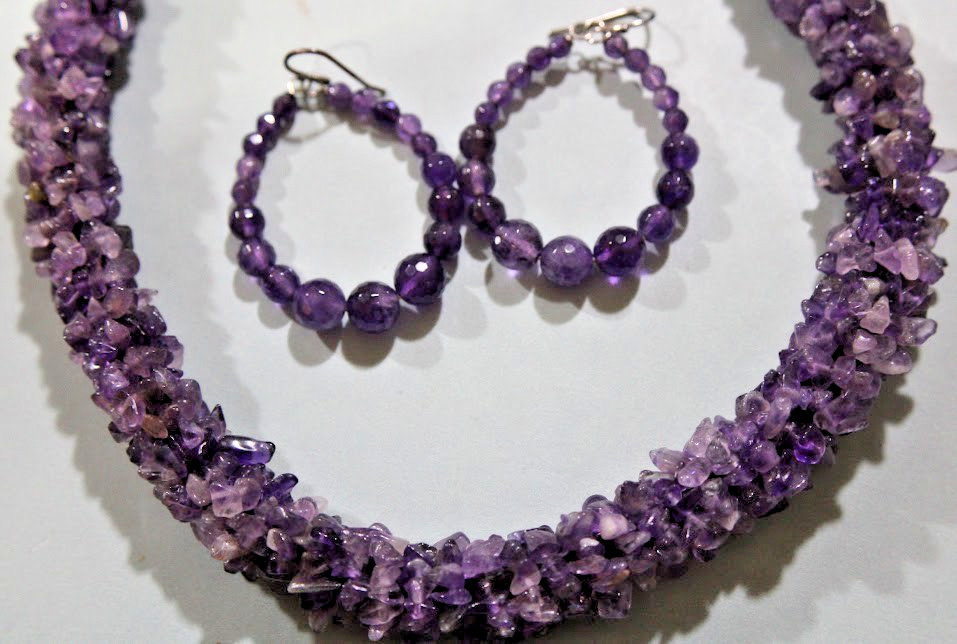 Vintage Natural Amethyst Chip Statement Necklace Bracelet Hoop Earrings Jewelry