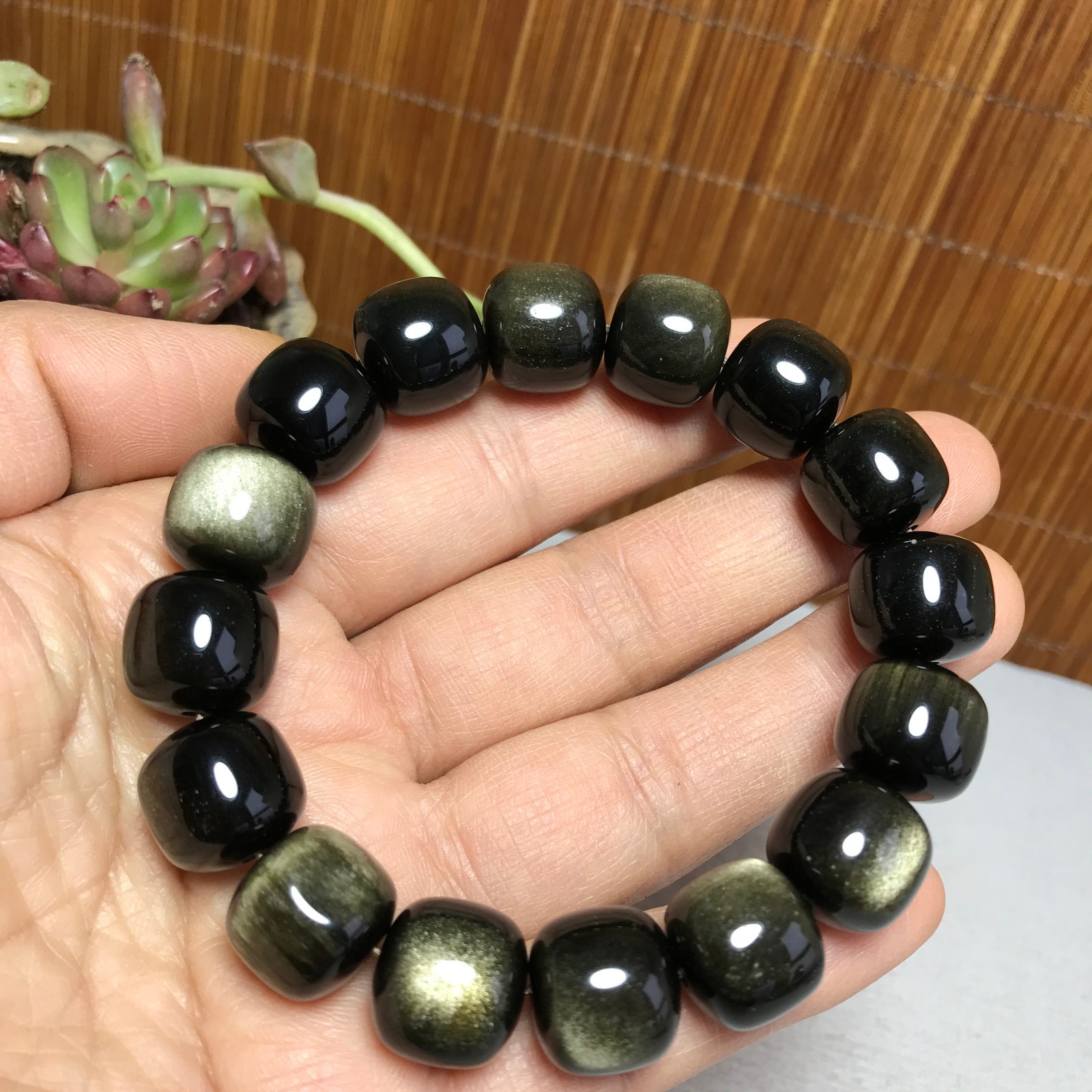 14-12mm Natural Polished Obsidian bracelets Crystal Bucket bead Specimen A4066