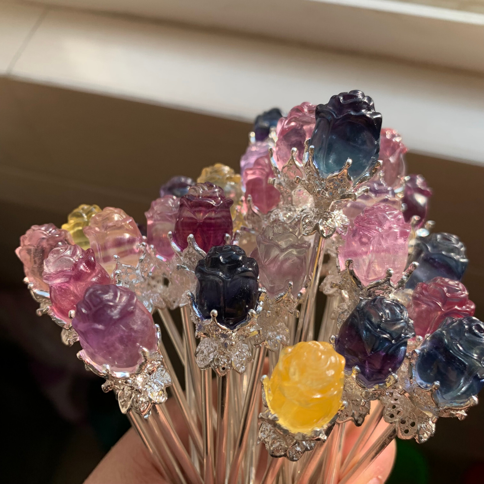 5pc Natural fluorite carved rose hairpin quartz crystal reiki healing random