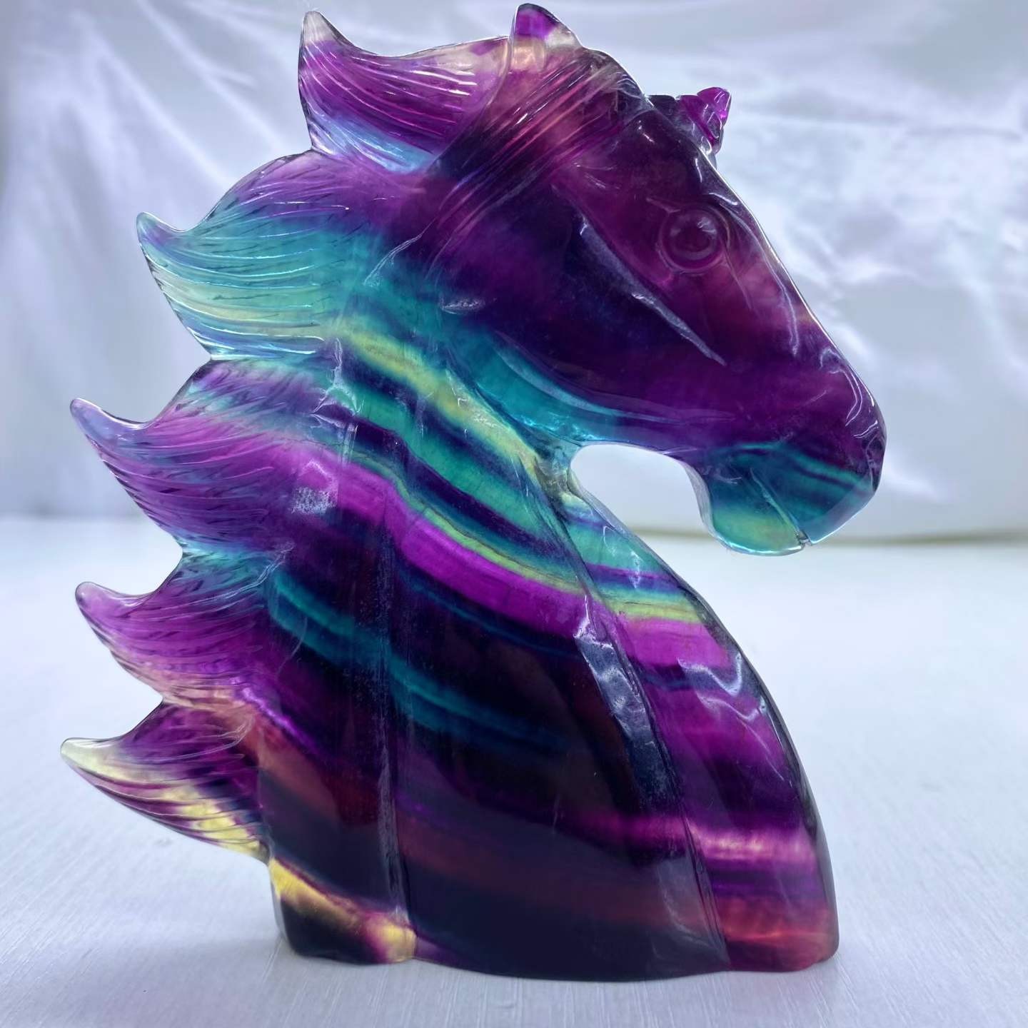 530g Natural Color Fluorite Quartz Carved Unicorn Skull Crystal Reiki Decor