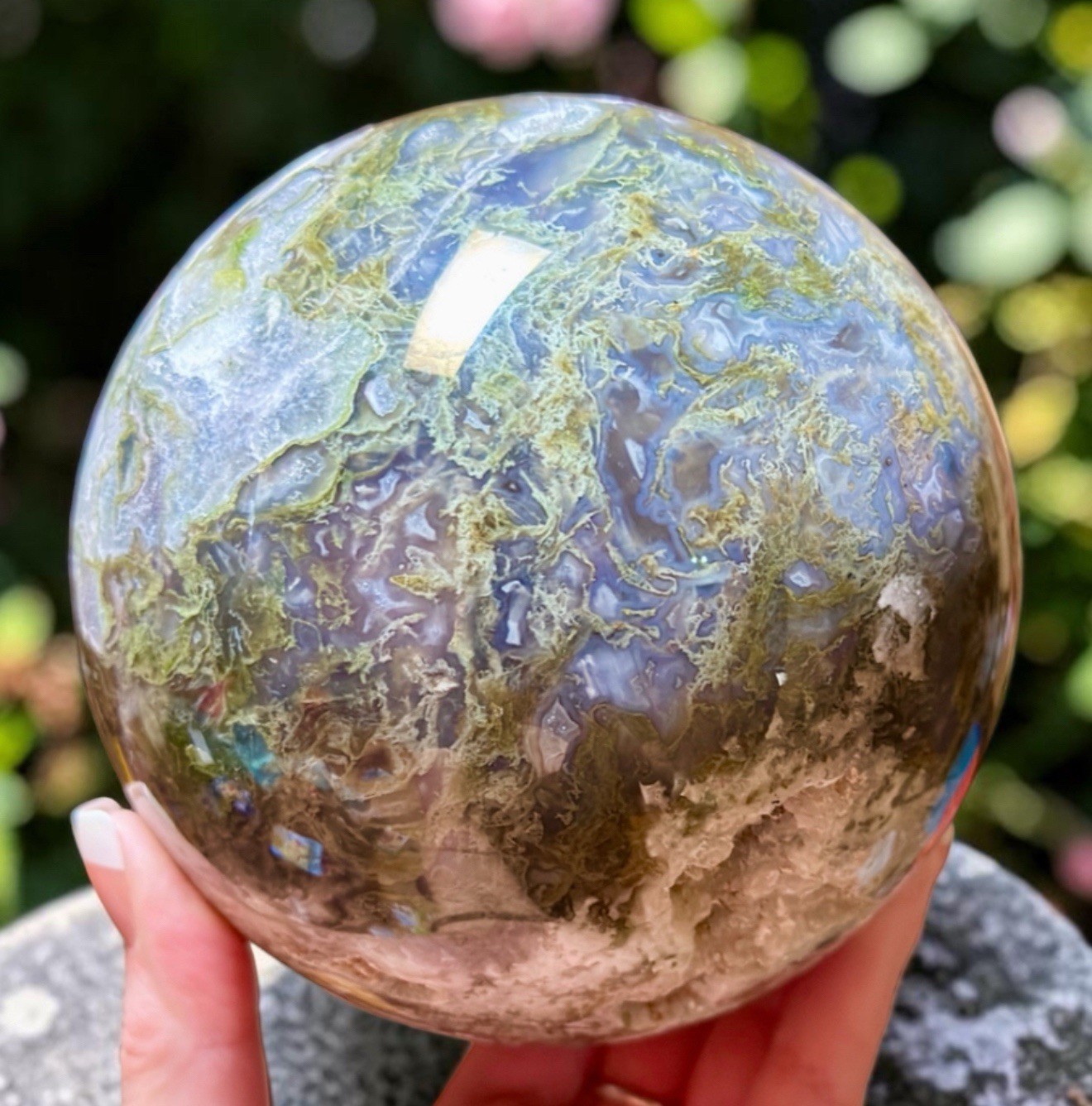 XLarge Moss Agate Sphere 4.5 lb 4” Crystal Ball Druzy Quartz Natural Green
