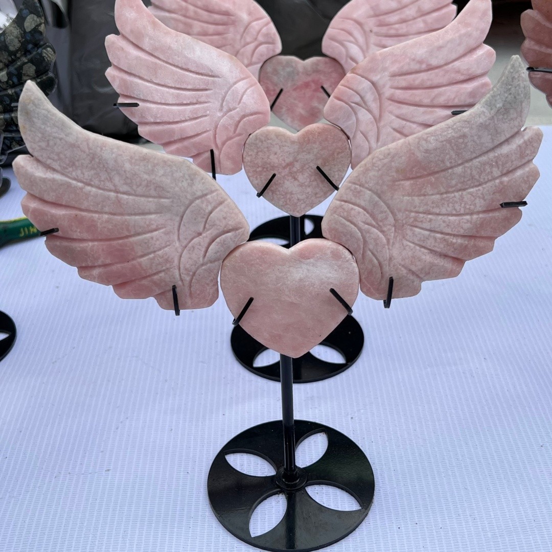 Natural Pink opal Angel of Love wings skull quartz crystal A set Random+ Stand