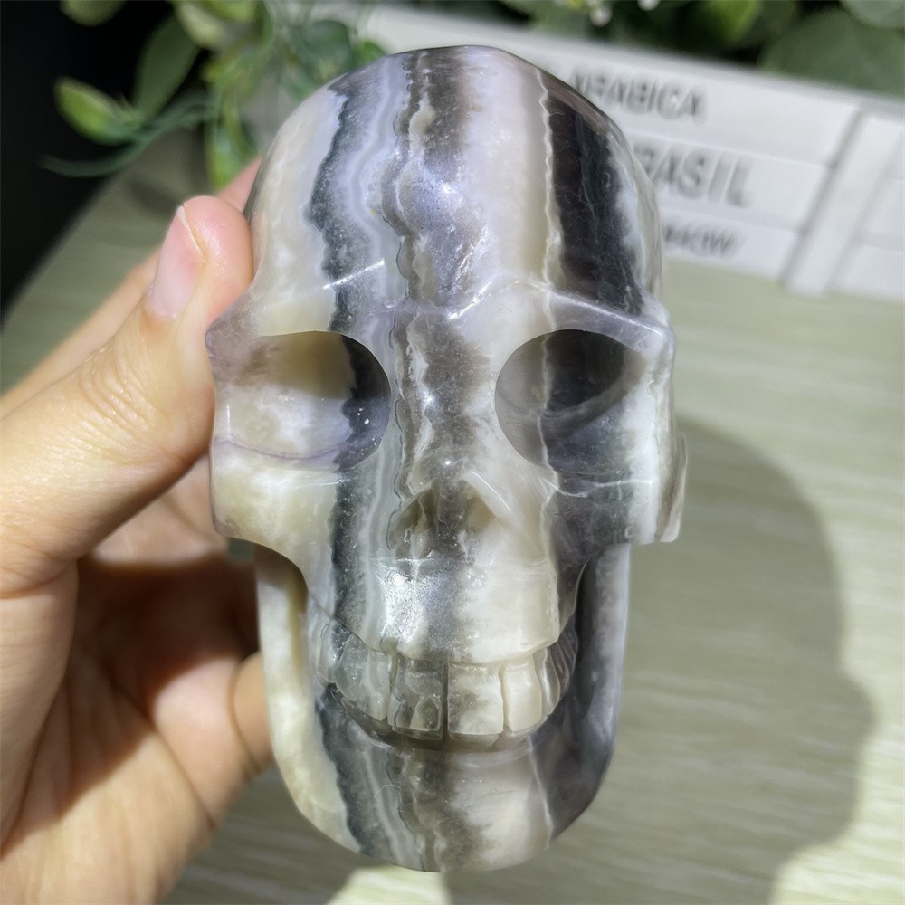 1.7LB 3.5″ Fluorescent /UV Fluorite Geode Skull Carving Crystal Quartz Reiki