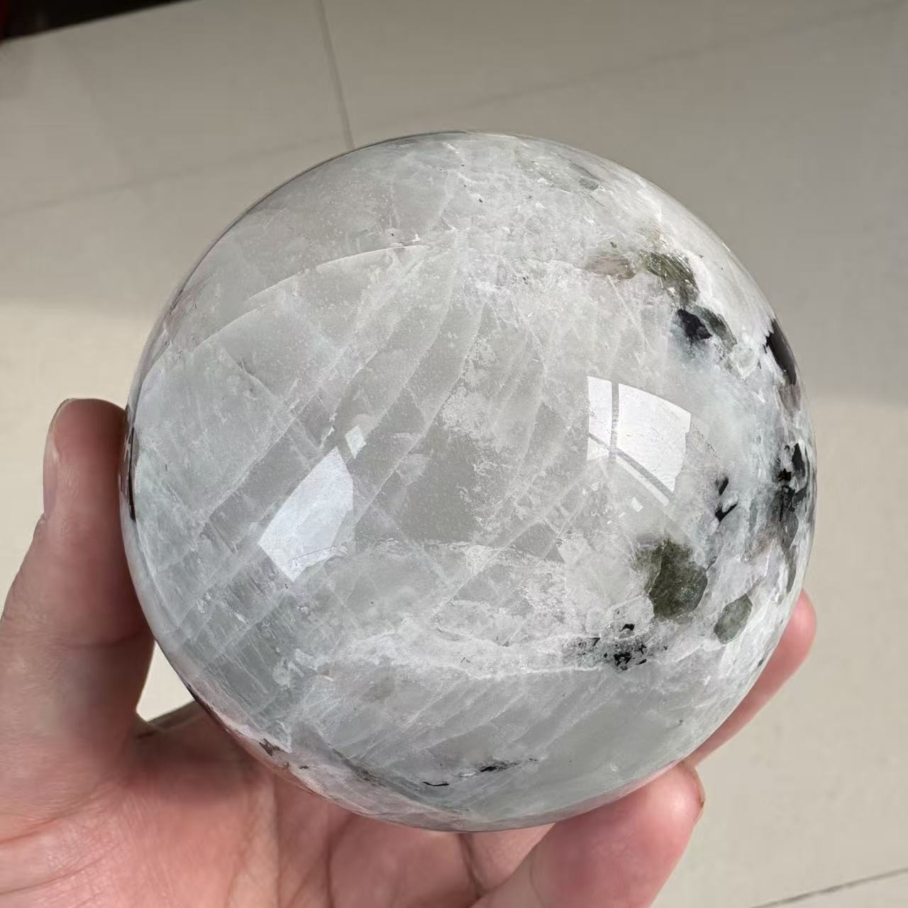 2.2LB 3.5″ Natural Black And White Moonstone Sphere Crystal Ball Healing