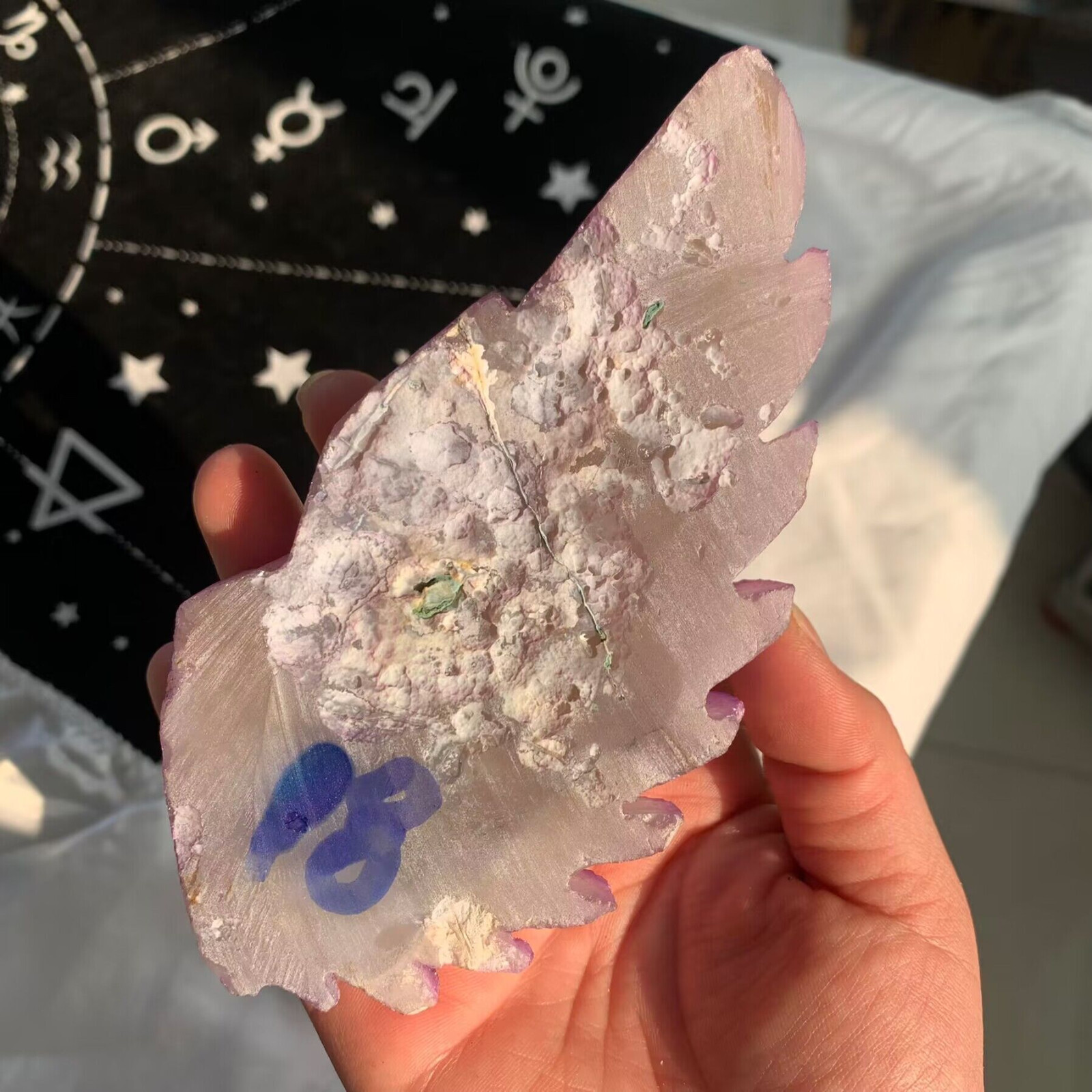449g Titanium Angel Aura Amethyst Cluster Wings Carving Quartz Crystal+Stand