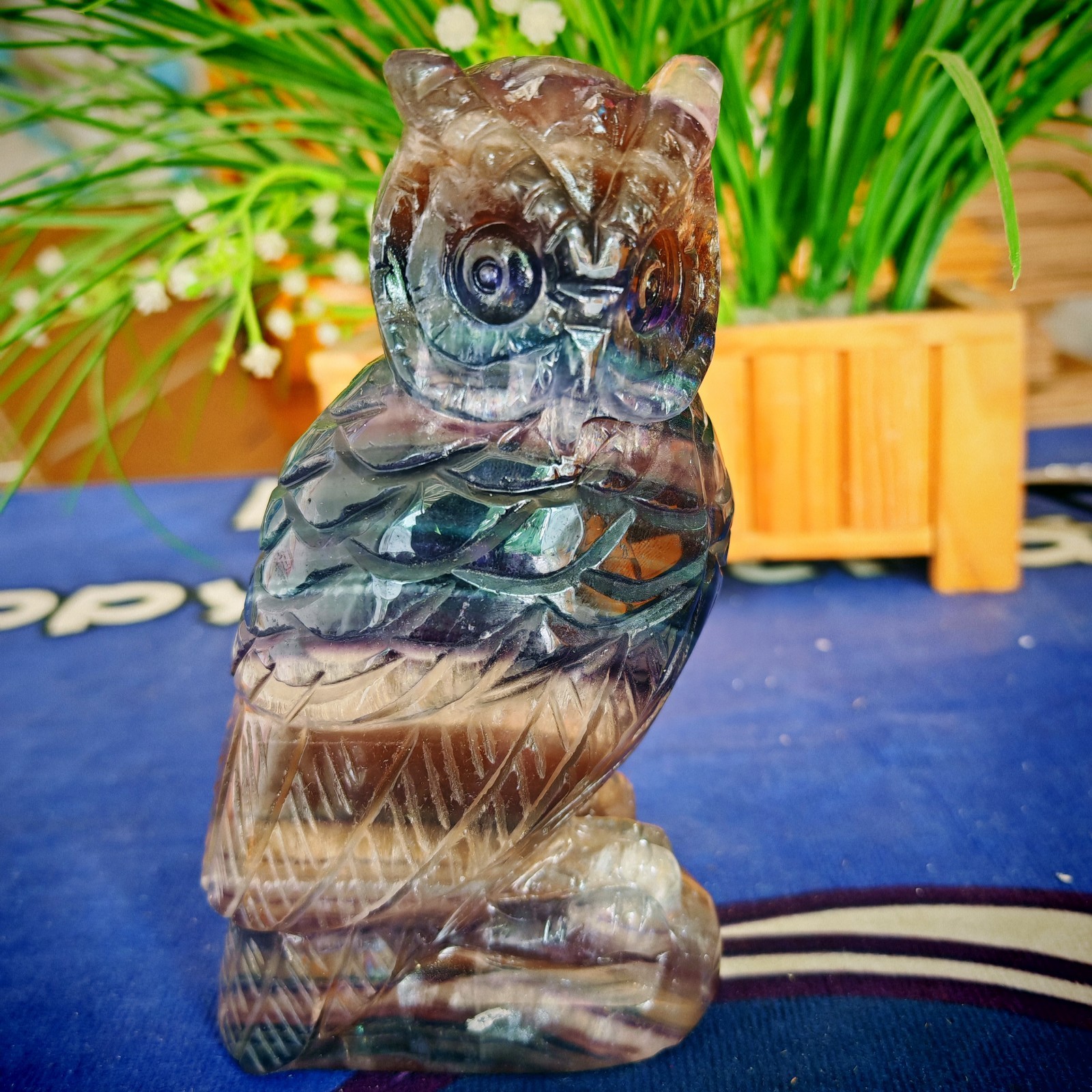 2.42LB Hand Carved Fluorite Owl Statue Unique Crystal Figurine Collect healing
