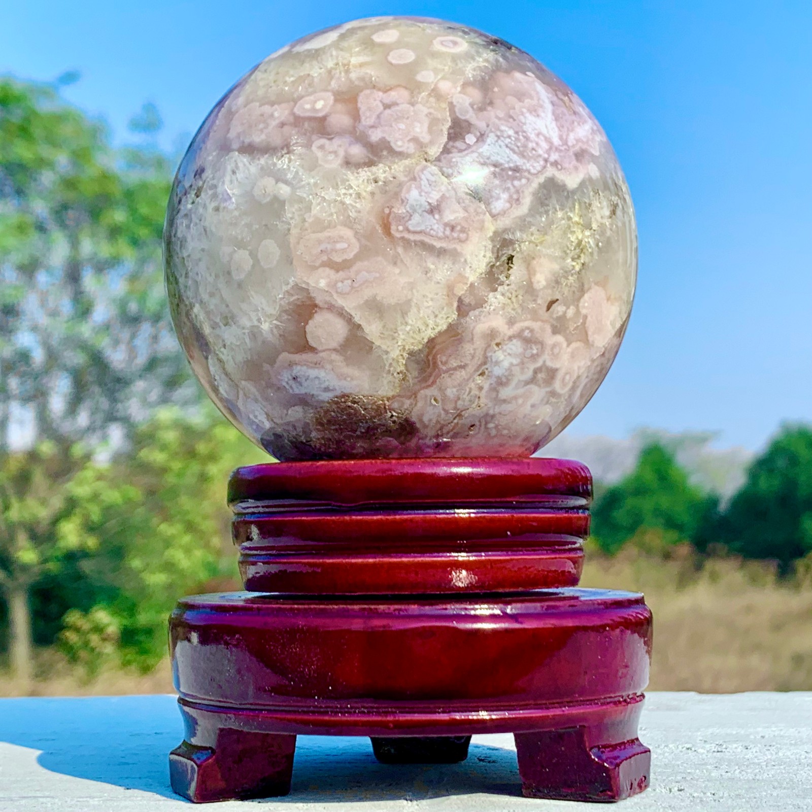 1.92LB Natural Pink Cherry Blossom Agate Geode Quartz Sphere Crystal Energy Ball