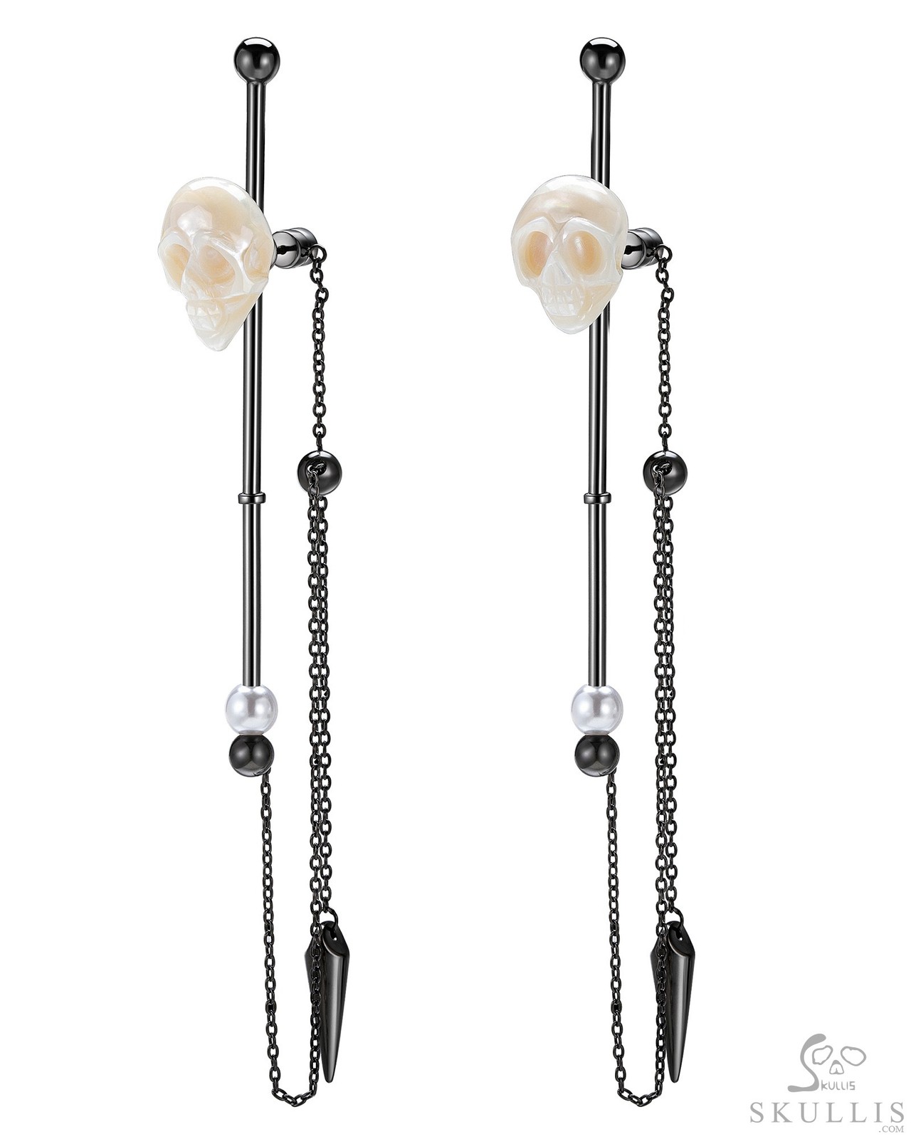Pearl Hand Carved Crystal Skull Earrings, Skull Jewelry