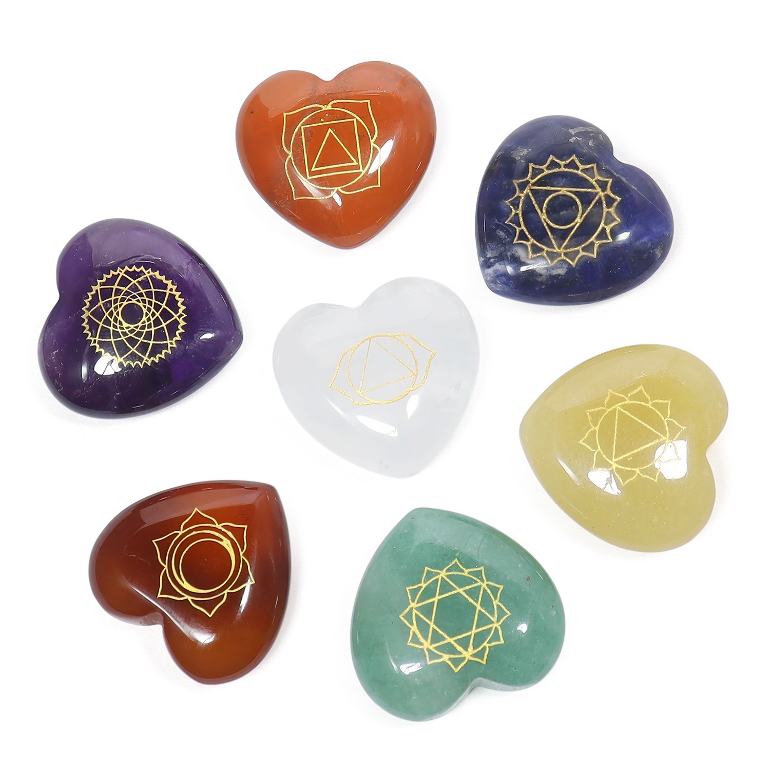 25mm Natural Healing Stones Heart 7 Chakra Crystal Set With Chakra Symbols 1set