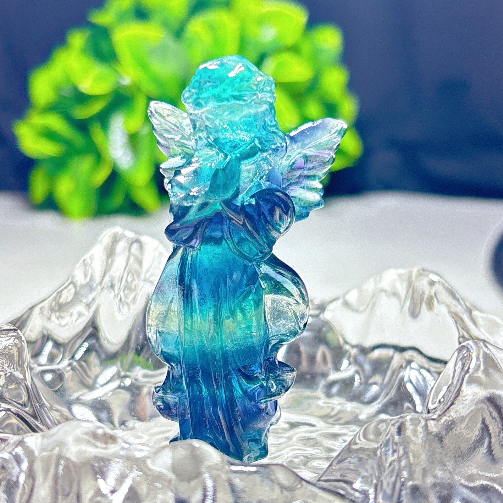 1PC Natural rainbow fluorite carving angel quartz crystal healing gift