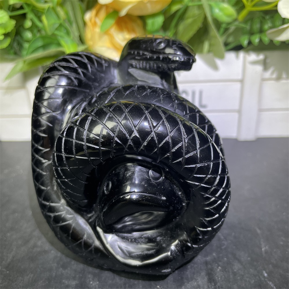 2.2LB 3.6″Natural Black Obsidian Snake Statue Crystal Reiki Heal Carving Decor