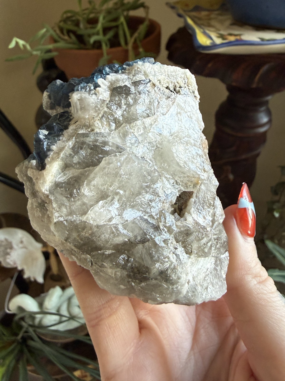 Irradiated Blue Fluorite Crystal in White Candle Quartz – 10.58 oz