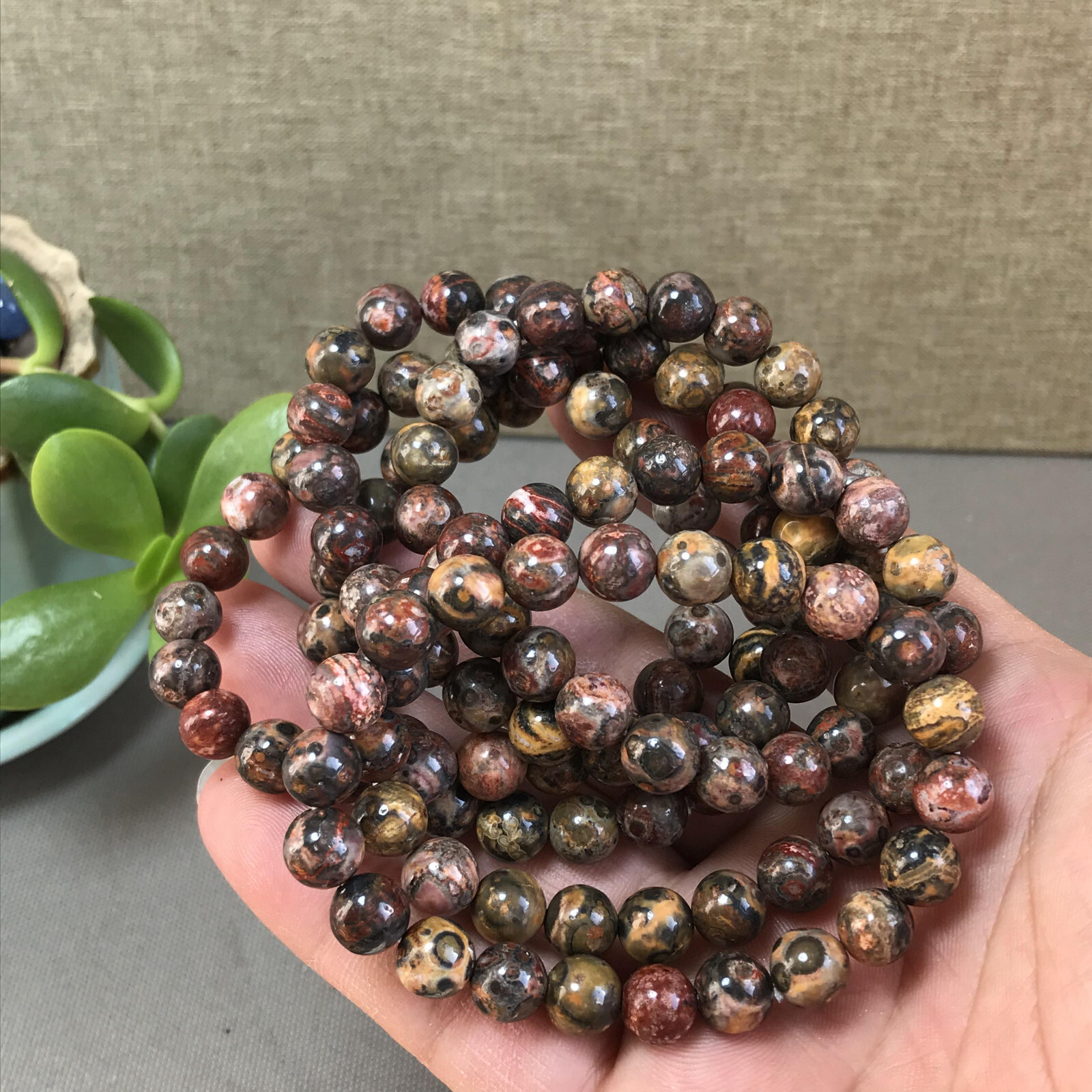5Pcs Wholesal Natural Polish Leopard stone bracelets Crystal ball sphere 8mm